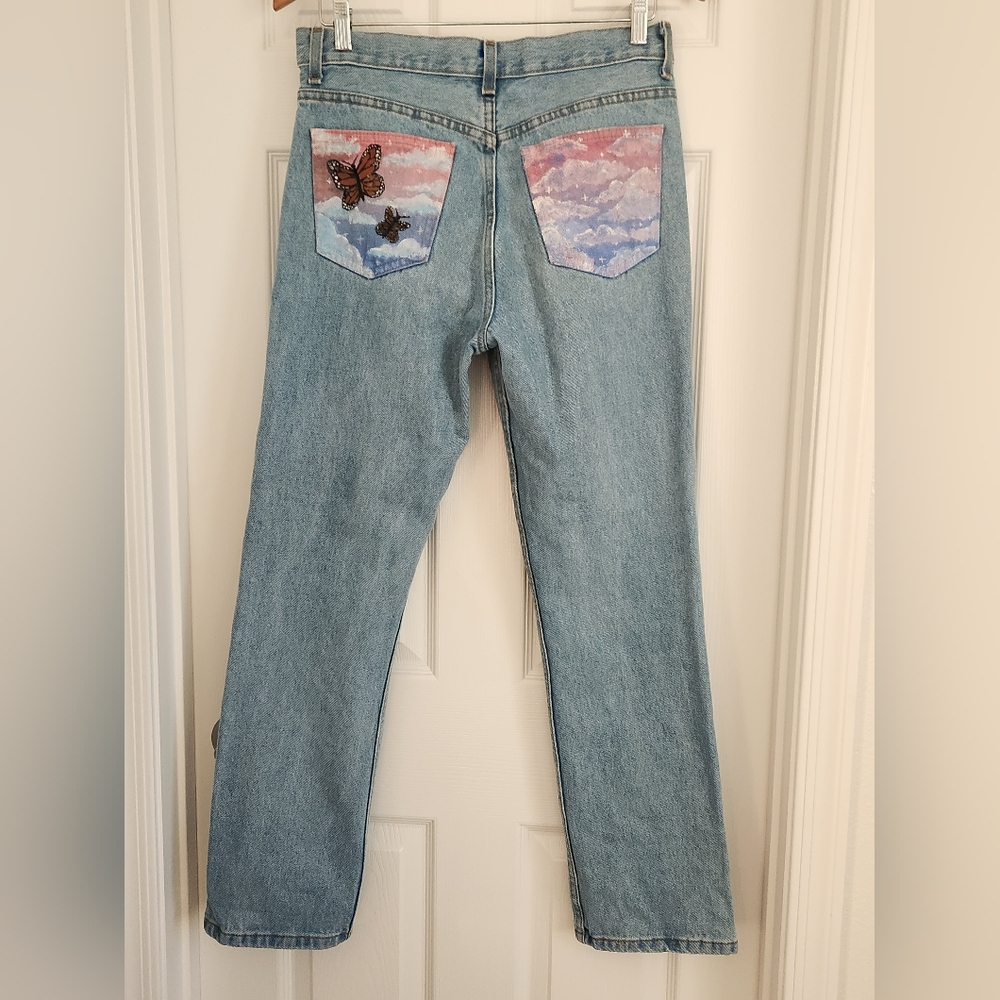 Denim Jeans with Painted Butterfly and Cloud Design
